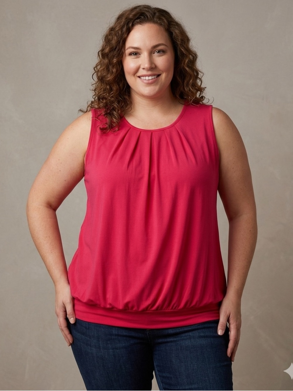 Zenana Stylish magenta Sleeveless Top with a little pleating around the neck. 2X
